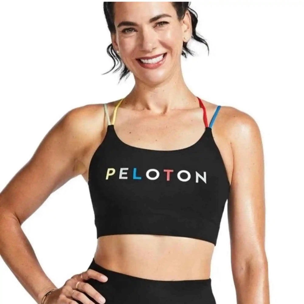 Peloton Speed Up Sports Bra Size XS Black Rainbow Pride Spellout Strappy Back